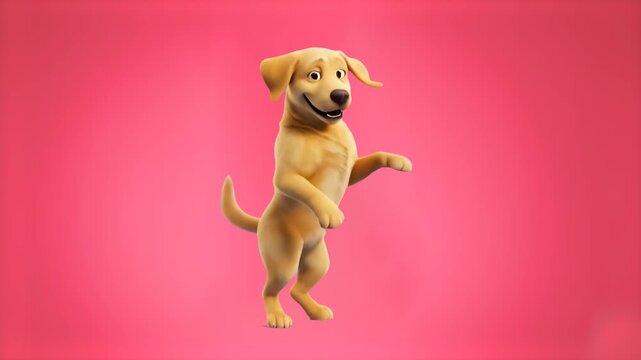 A playful 3D animated golden retriever puppy character jumping up and down happily against a solid pink backdrop. Ideal for pet industry marketing, veterinary care social media posts, and colorful you