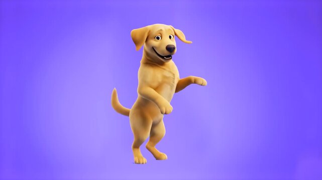 A cute 3D animated golden retriever dog dancing playfully on its hind legs with a happy expression. Set against a vibrant purple backdrop, this asset is designed for commercial promos, pet care conten