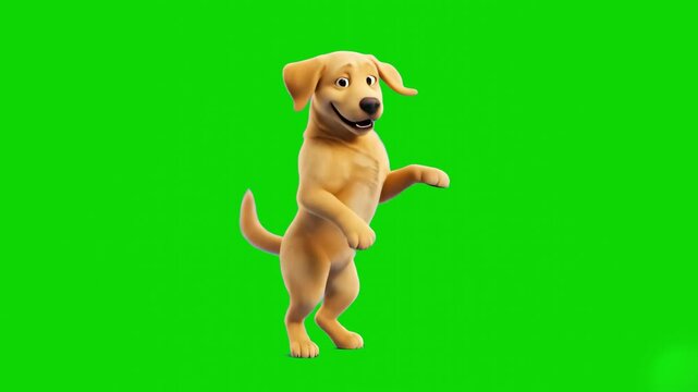 An energetic 3D animated golden retriever puppy performing an athletic breakdance routine on one paw with flying music notes. The cheerful pet character is isolated on a solid green screen backdrop.