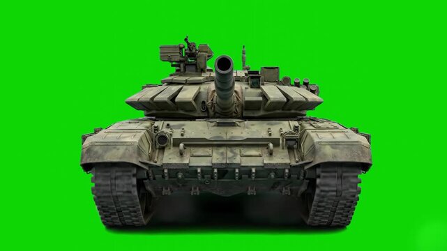 A high-fidelity 3D model animation of a T-90 main battle tank, showcasing its intricate details and caterpillar track motion, moving steadily forward on a solid green key screen. Designed for high-qua