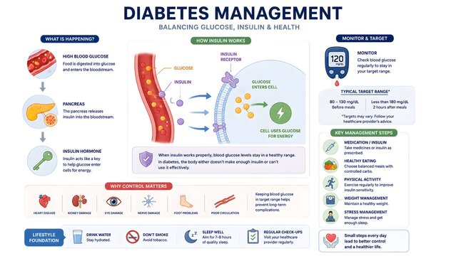 Infographic detailing diabetes management, glucose and insulin regulation, health risks, and lifestyle tips for balanced health.