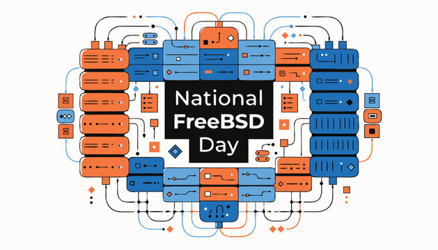 Abstract digital illustration celebrating national freebsd day with server graphics