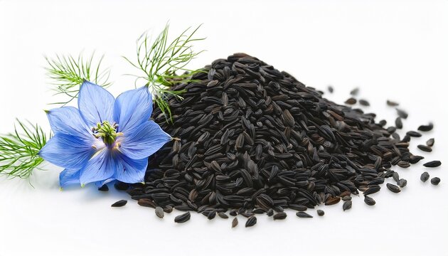 Black Cumin Seeds With Nigella Sativa Flower On White Background