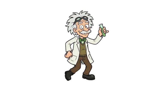 A 2D vector cartoon illustration of a crazy old professor or mad scientist in a white lab coat and safety goggles holding a green chemical test tube. The character is isolated on a plain white backgro