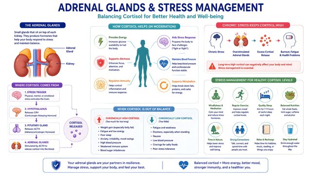 Infographic on adrenal glands and stress management, explaining cortisol balance for health, the HPA axis, effects of cortisol, and strategies for well-being.