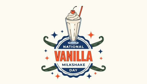 National vanilla milkshake day logo with a delicious creamy drink