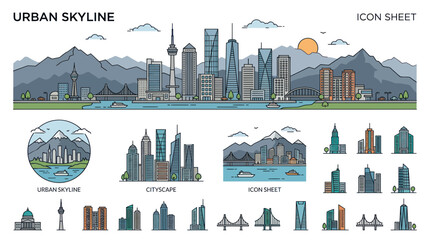 Obraz premium Modern city skyline with mountain backdrop and waterfront buildings