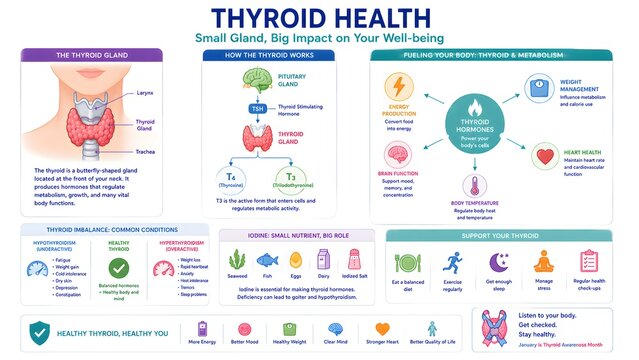 Infographic detailing thyroid health, gland function, common conditions, symptoms, beneficial foods, and tips for well-being and prevention.