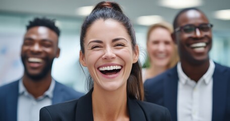 Obraz premium Diverse group of professionals laughing joyfully in a modern office setting, celebrating success and teamwork