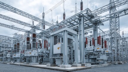 Naklejka premium Large industrial substation with towering transformers and overhead power lines. Metal structures gleam under cloudy skies. No people visible in scene. Ideal for energy, engineering