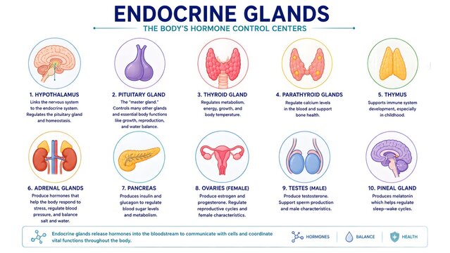 Infographic illustrating the human endocrine system, detailing various glands, their locations, and their essential functions as the body's hormone control centers.