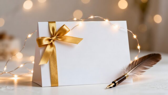 White card with gold ribbon and feather pen