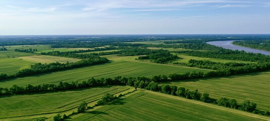 Obraz premium Aerial view of lush farmland landscape with winding river under blue