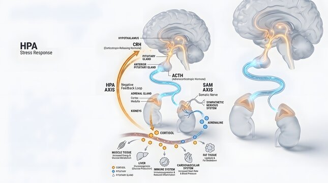 Detailed diagram illustrating the Hypothalamic-Pituitary-Adrenal (HPA) axis and its role in the body's stress response, showing hormonal pathways and target organs.