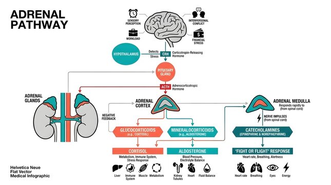 Detailed infographic illustrating the human adrenal pathway, showing the brain's role in stimulating adrenal glands to release hormones and their physiological effects on the body.