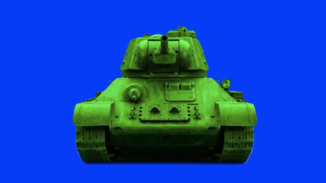 A heavy green military combat tank shown from a front perspective, positioned against a solid blue screen backdrop. Perfect asset for historical documentaries, war simulations, and action video editin