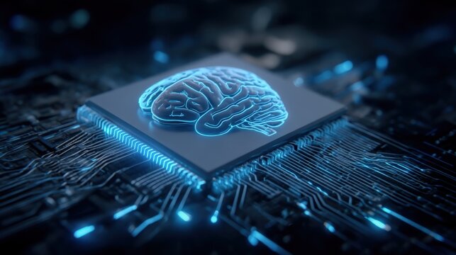 Futuristic AI brain icon glowing on a high-tech computer chip with illuminated circuitry