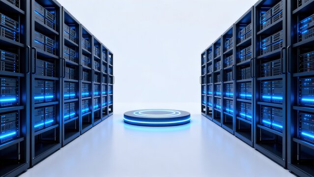 Server room with blue illuminated racks