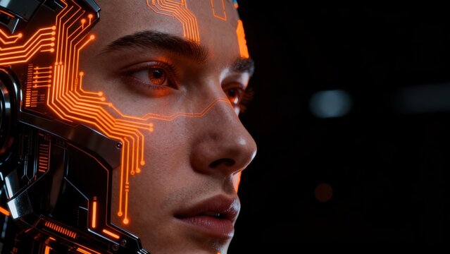 cyborg face with glowing circuits