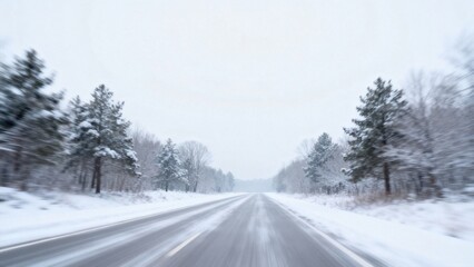 Obraz premium Snowy road with trees on both sides