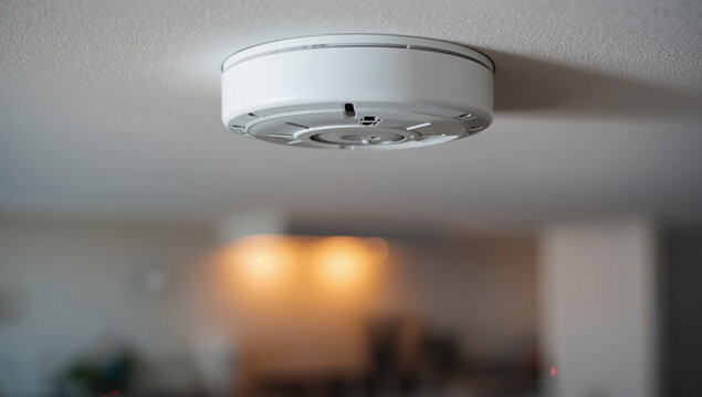 台所の天井にある煙感知器が調理中の火災リスクを知らせている