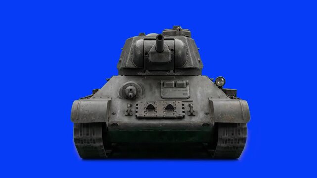 A detailed 3D model of a historic Soviet T-34 medium battle tank facing directly forward. Placed on a vibrant blue backdrop, it serves as a ready-to-use asset for historical, military, or gaming video