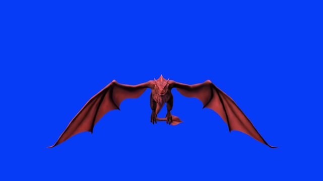 A 3D animated red fantasy dragon soaring forward with wide outspread wings. Set against a vibrant blue backdrop, this character asset provides easy background replacement for cinematic fantasy stories