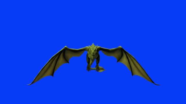 A 3D animated green fantasy dragon flapping its wings and flying directly forward. Placed on a solid chroma key blue background, this asset is optimized for easy keying and integration into mythical o