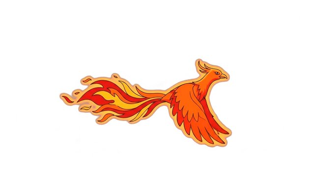 A 2D vector-style illustration of a side-profile phoenix bird with a flaming tail and orange wings. The graphic features a thick border, making it ideal for digital stickers, UI icons, or casual game 
