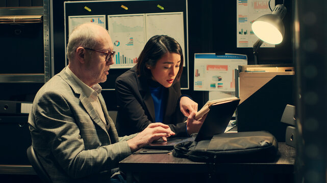 Detectives reenacting crime scenes based on archival evidence and witness statements, creating a timeline to see real time events, Agents team working on federal investigation in archive.