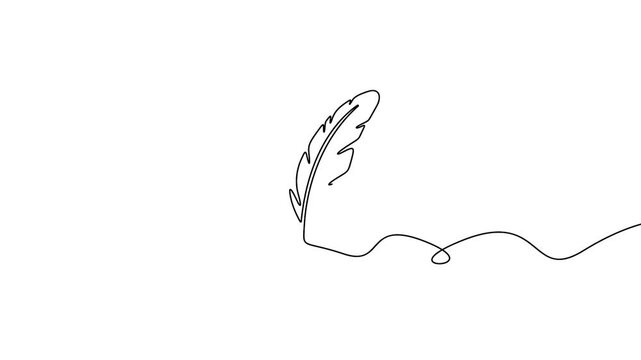 Feather quill animation in continuous line drawing style for creative writing concepts. Minimalist single line art animation of a classic feather quill on a clean white background.