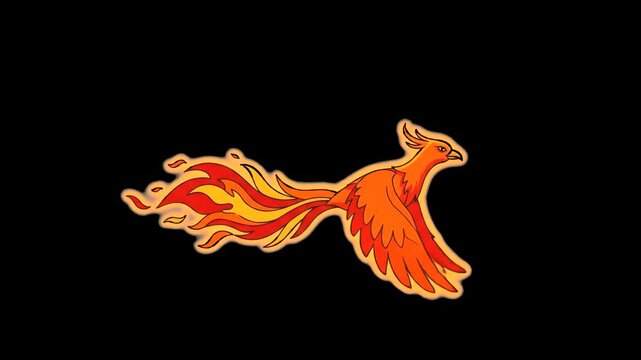 A 2D vector-style graphic of a bright orange phoenix with a flaming tail in profile view. Shot against a solid black background, it is designed for stickers, badge overlays, and gaming interface eleme