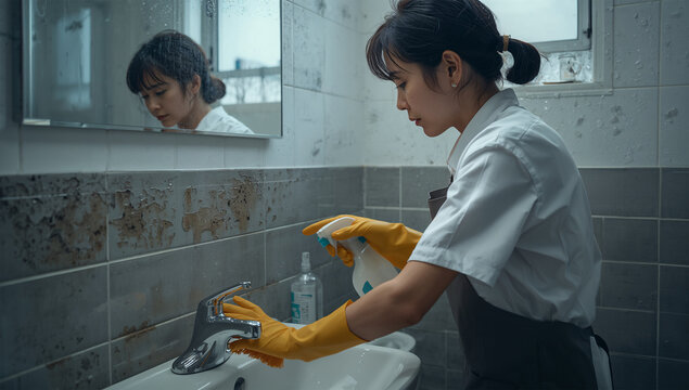 梅雨の浴室で黒カビ予防の掃除をする日本人女性