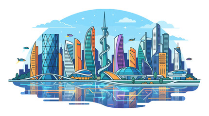Obraz premium Modern futuristic city skyline with skyscrapers and flying cars