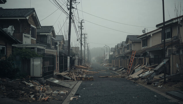 曇り空の住宅街で外壁や屋根に地震被害が残る街並み