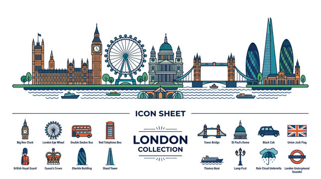 London city landmarks skyline and british travel icon collection