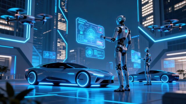 Futuristic robots in city with cars and drones