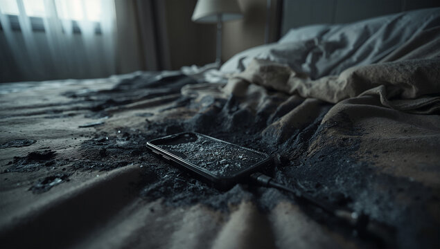 消火後の寝室で焦げたスマートフォンと黒く焼けた寝具が残っている