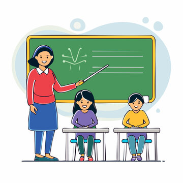 Teacher instructing students at a blackboard in a classroom