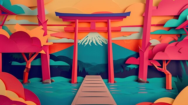 Vibrant Sunset Pathway to a Pink Torii Gate Over Teal Water with Snowy Mountain in Background
