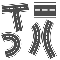 Fototapeta premium Flat vector road segments set including T-junction, straight road, curve, and fork. Top view asphalt icons for map, game, or infographic design.