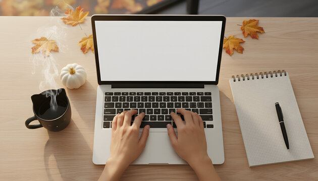 Cozy Autumn Workspace with Laptop Mockup