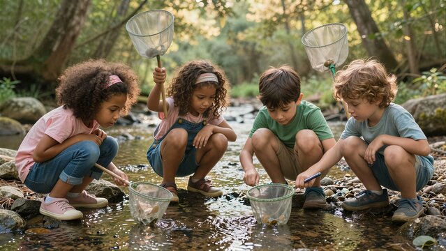 Four children explore a stream using nets to catch small creatures.