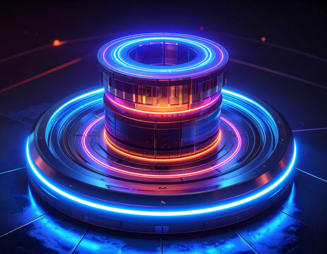 Futuristic neon cylindrical structure with glowing lights
