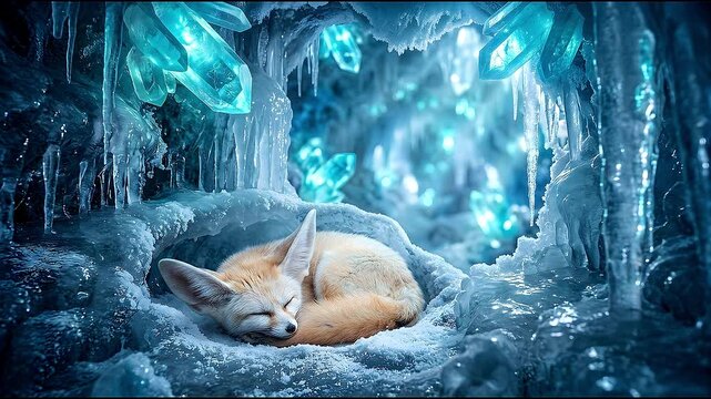 Fennec fox sleeping in a glowing magical ice cave with crystals