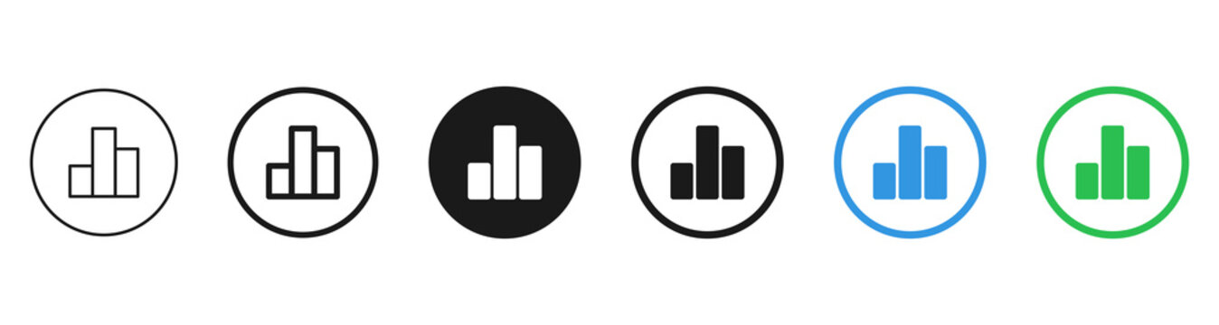 Analytics Bar Chart Icon Button Set: statistics bar chart icon buttons in outline, solid, blue, and green styles for data, reports, statistics, and dashboards