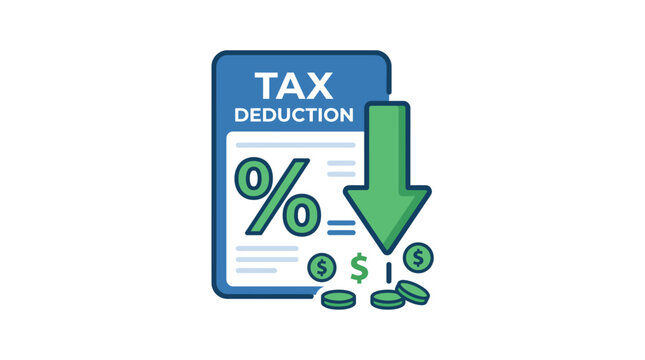 Tax deduction concept with document page downward green arrow and coins flat vector illustration