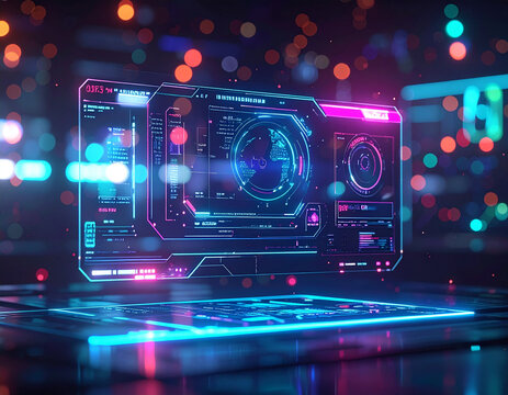 Futuristic HUD interface with neon lights and digital data