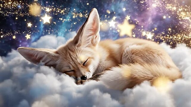 Fennec fox sleeping on a cloud in a starry magical galaxy space