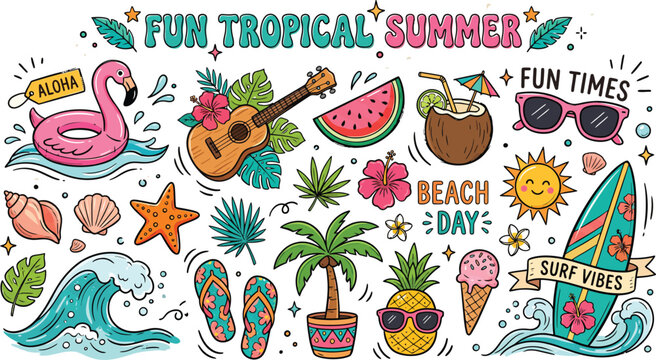 Hand drawn tropical summer doodle illustration set with beach elements surfboards palm trees and vibrant coastal designs